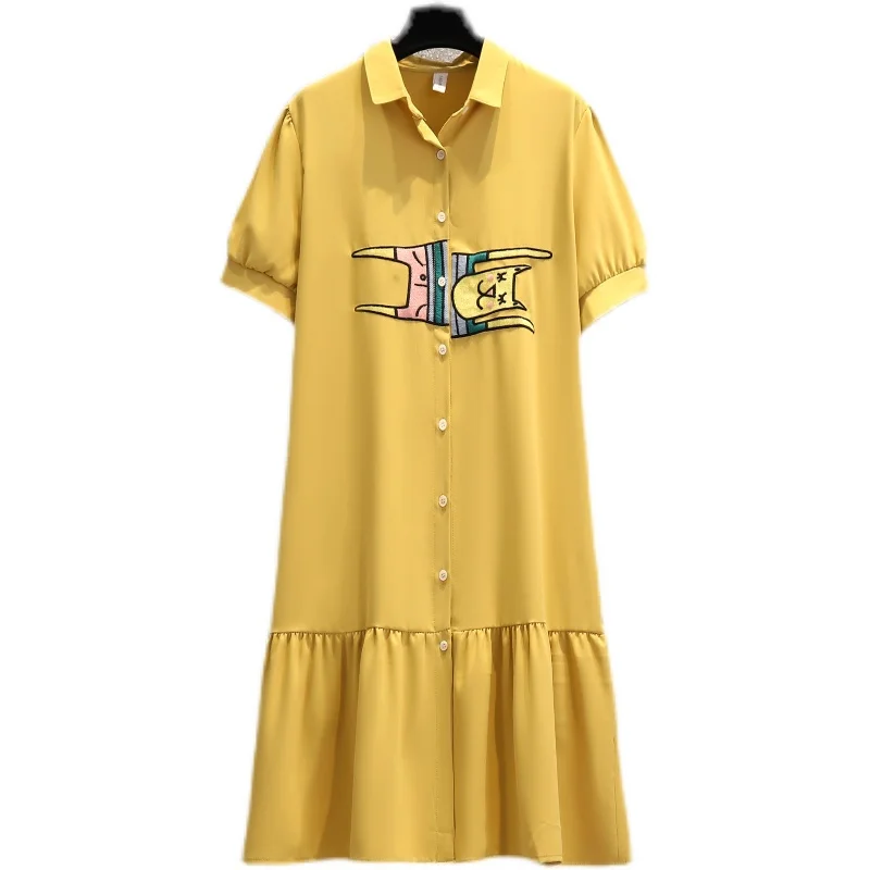 

2021 Women's Summer Elegant Cartoon Embroidery Shirt Dress Short Sleeves Turn-down Collar Loose Waist Female Causal Dresses