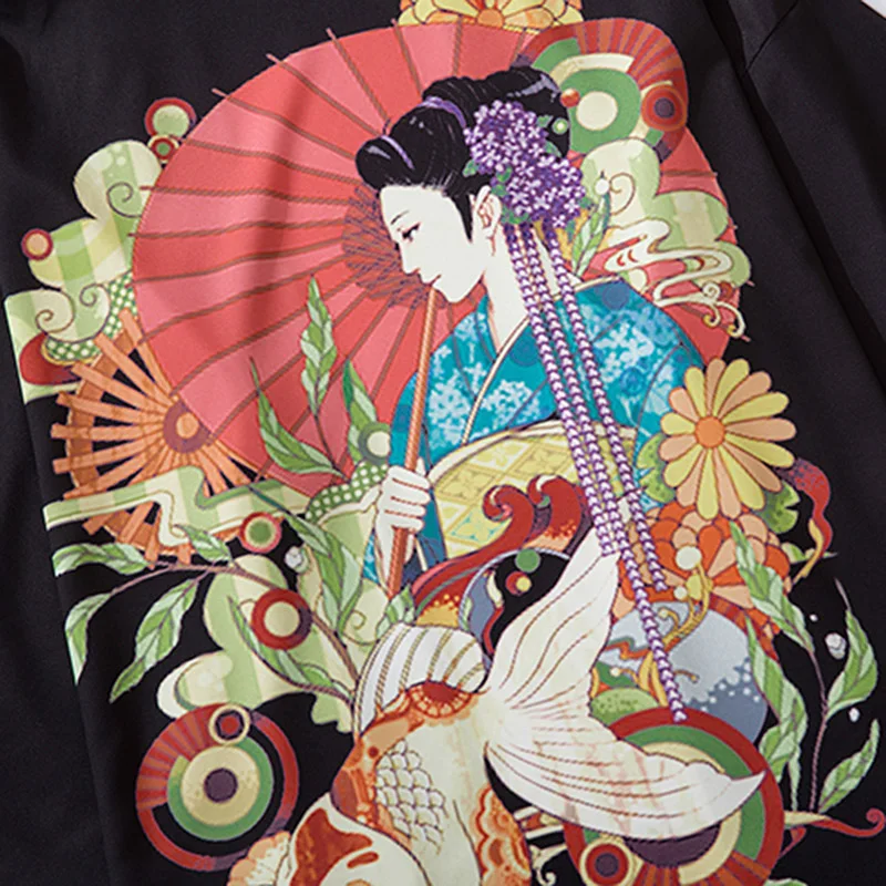 Японское кимоно куртка Koi Fish Geisha Harajuku 2021 хип-хоп Мужская Уличная летняя тонкая