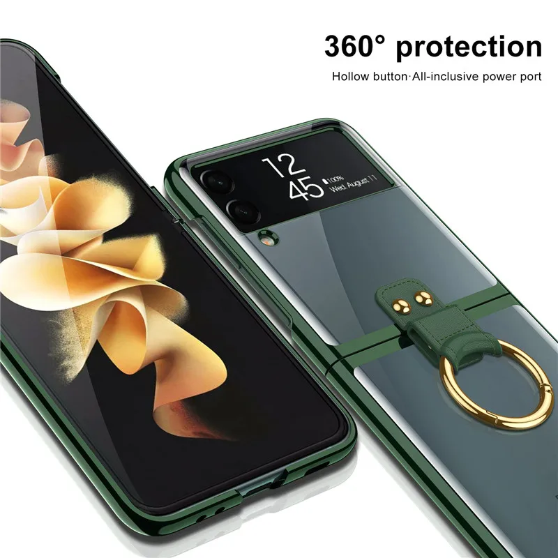 Luxury Plating Transparent Ring Case For Samsung Galaxy Z Flip 4 3 5G Phone Case Electroplate Frame Hard Clear Back Cover
