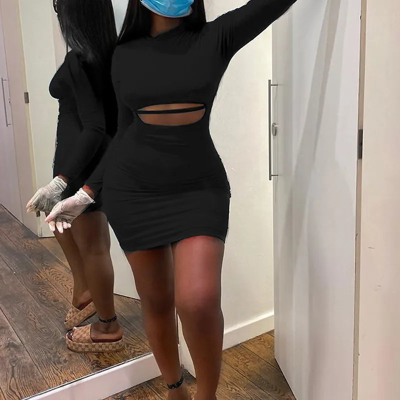 

Turtleneck Long Sleeve Cut Out Dress Sexy Mini Dress Autumn Winter Women Fashion Streetwear Solid Club Party Dresses For Women