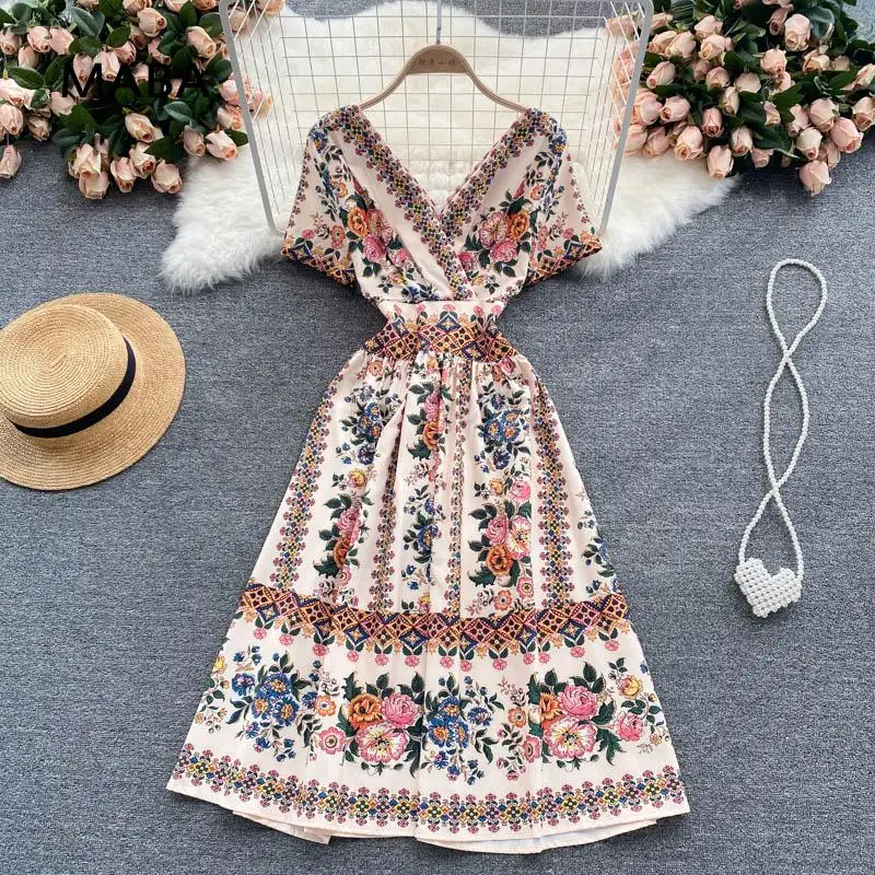 

Elegant vintage dress women's V-neck short sleeve high waist slim fit print Mid Calf dress court style dress street style Robe