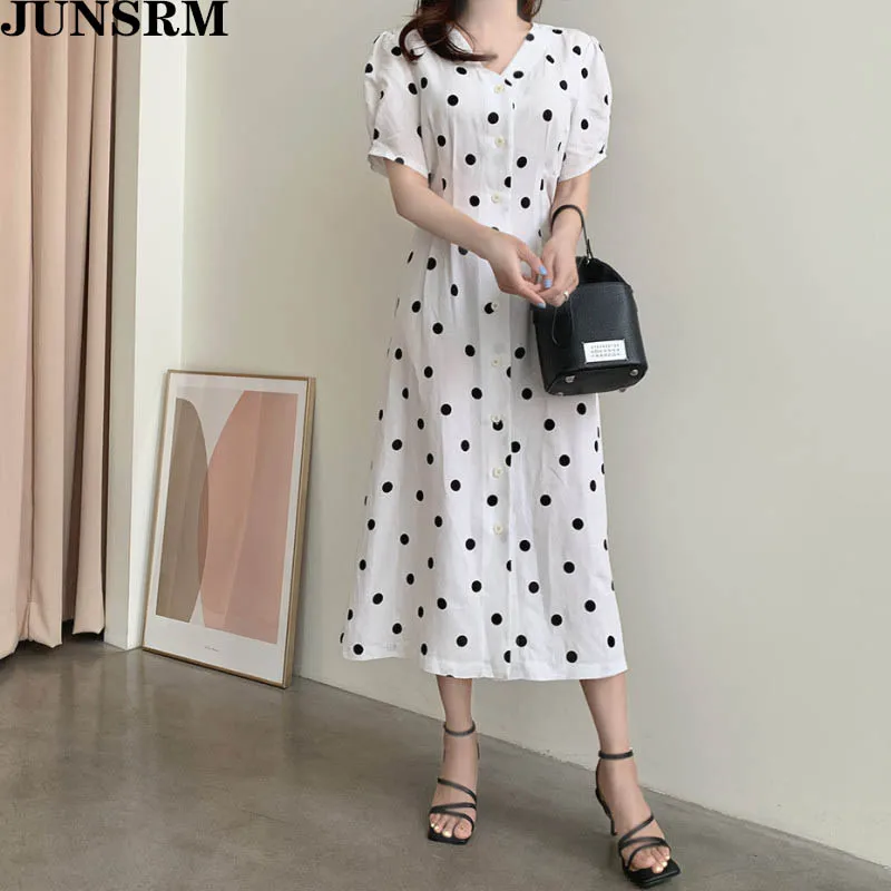 

Korean Polka Dot Dress Women Vintage Sexy V-Neck Black Shirt Vestidos 2020 Summer New Midi Floral Short Sleeve Dress Female Robe