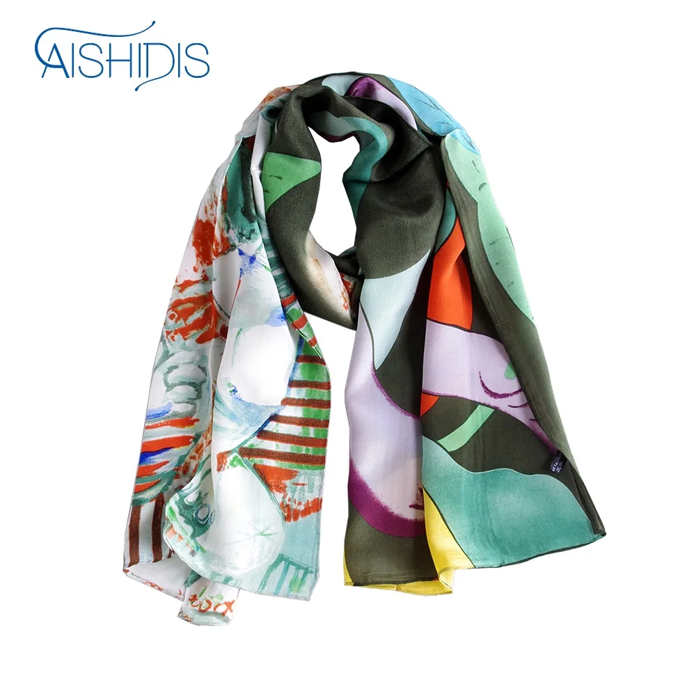 

Clear out price Brand Women 100% Silk Crepe Shawls & Wraps Cool Ring Scarfs Fashion Long Scarf Famous Oil Painting Printed