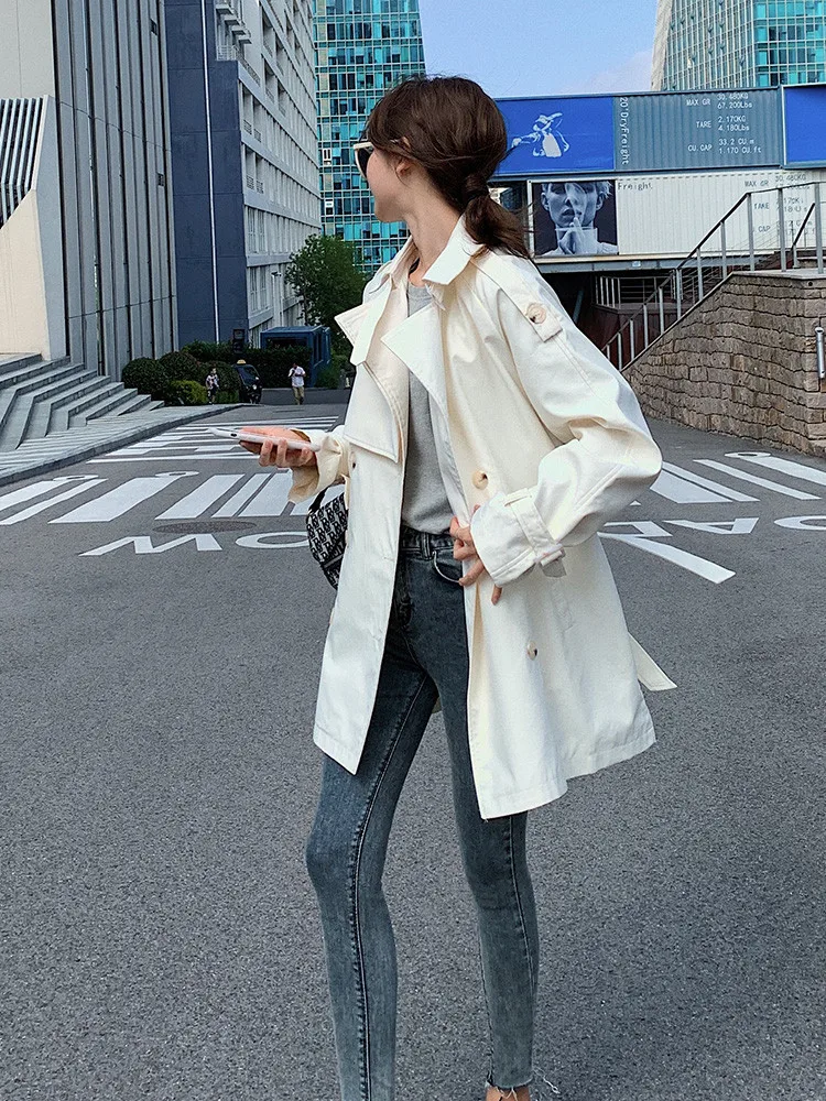 

Women's Windbreaker Spring Autumn New Korean Fashion Loose High-quality Double-breasted Lace-up Long-sleeved Feminine Coat M097