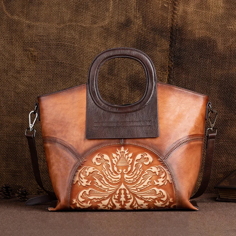 

2021 Summer New Handmade Genuine Leather Women Bag Vintage Nature Soft Cowhide Handbag Embossed Floral Shoulder Bags Sac A Main
