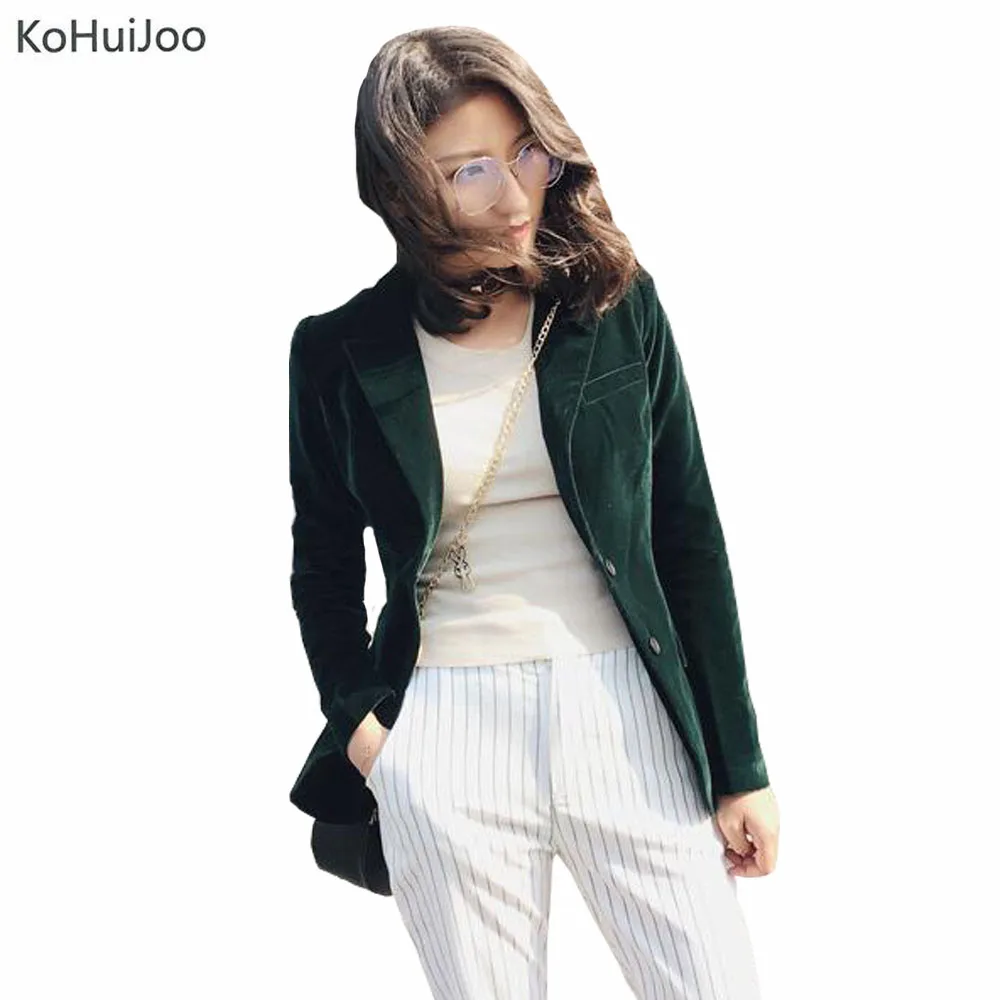 Spring Autumn Fashion Women Velvet Blazer Jackets Green Long Sleeve Pockets Korea Slim Female Jacket Casual Ladies Office Coat