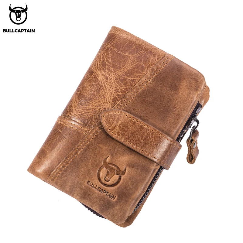 BULLCAPTAIN Men short Wallet Genuine Leather Retro Casual Multifunction Anti-theft brush Top layer cowhide Detachable coin purse