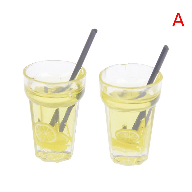 2PCS 1/12 кукольный домик миниатюрная еда мини фрукты из смолы бутылка моделирование напитки модель игрушки фруктовый напиток игра лимон чашка - Цвет: 2PCS