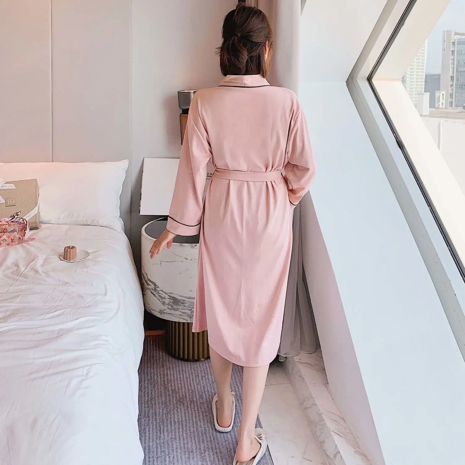 Men Long Sleeve Sleep Bath Robes Homewear V Neck Pockets Cozy Bathrobe Lovers Couples Pure Cotton Leisure Mens Nightgown Dress