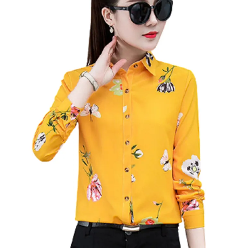 Plus Size Print Floral Women Shirt Spring Autumn New Korean Lapel Long Sleeves Slim Chiffon Blouses Fashion Yellow  Street Tops