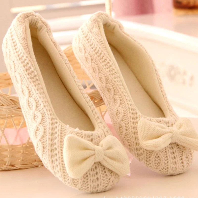 

Korean Style Bow-knot Women Shoes Non-slip Floor Woolen Warm Comfortable Female Girls Home Slippers for Winter Yoga shoes
