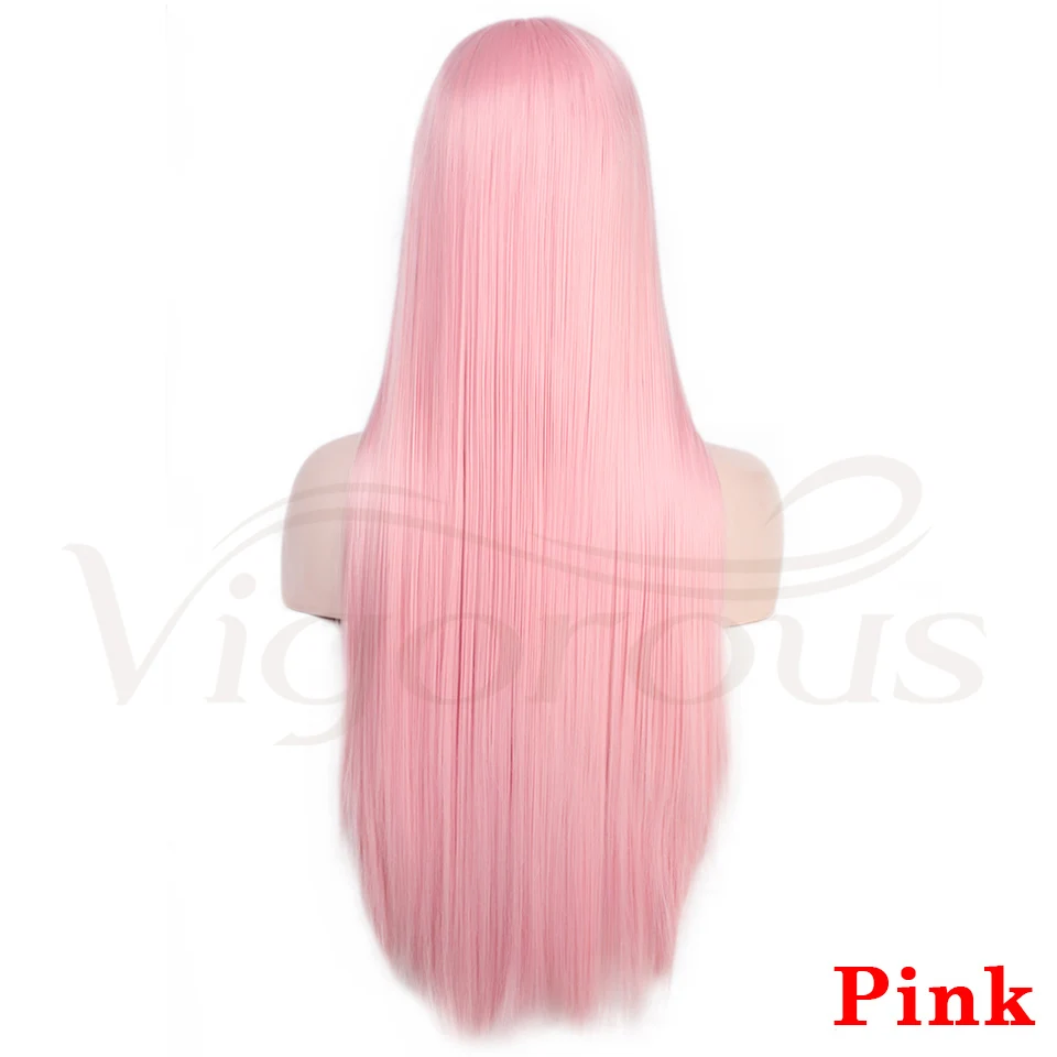 Pink Энергичный длинный шелковый прямой блондин парик Синтетический кружевной передний парик для женщин натуральный средний пробор черные розовые волосы - Цвет: Pink