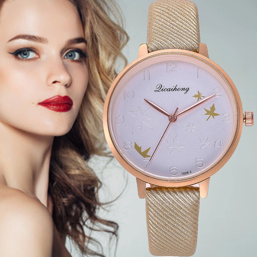 

Женские кварцевые часы с циферблатом в виде кленового листа, с кожаным ремешком