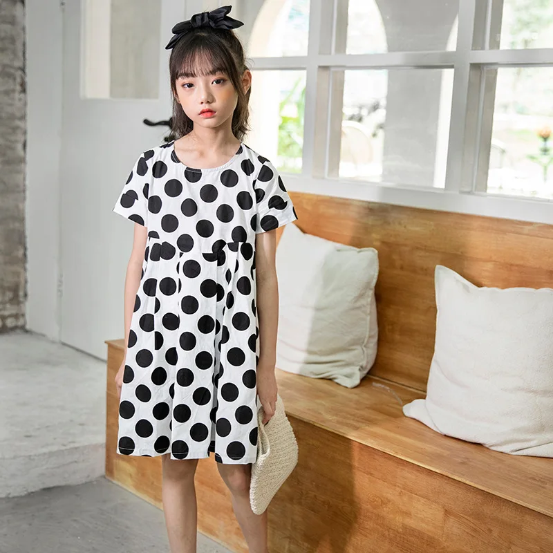 

2021 Korean Style Teen Girls Cute Polka Dot Princess Dress Children Cotton Loose Casual Summer Clothing Fashion Brief, #9409