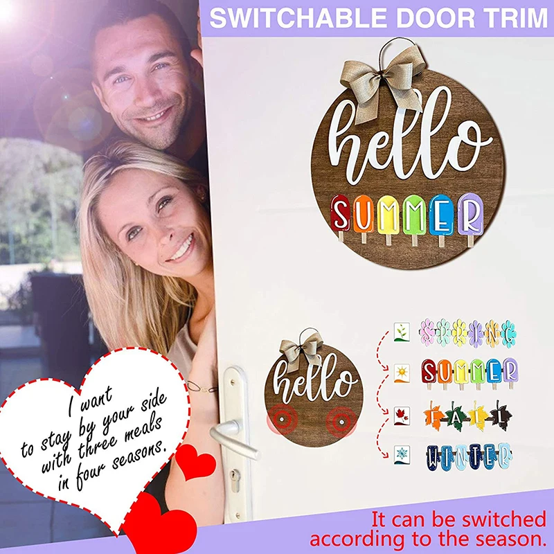 

Interchangeable Hello Sign 4 Seasons Wood Sign Kit Hanging Sign Wood Front Door Porch Wall Home Decoration ALS88