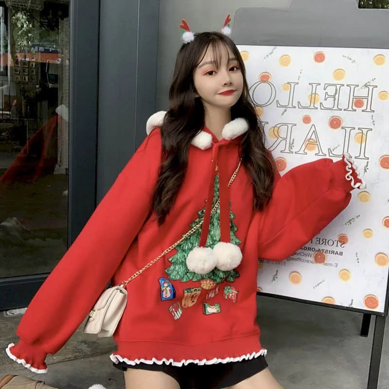 

Christmas Hoodies Women Tops Jacket Autumn Red New Year Clothes 2020 Women's Hooded Long sleeve Thickening Sweatshirt