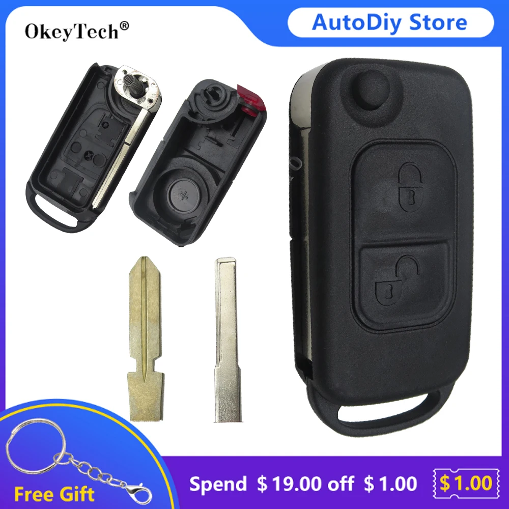 

OkeyTech 2 Buttons Flip Folding Car Remote Control Key Shell Case Fob For Benz W168 W124 W202 W210 W211 W203 SLK A C E HU64/HU39