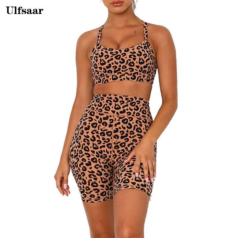 

Women Seamless Leopard Print Set Fitness Sport Bra Biker Shorts Gym Suit 2 Piece Workout Clothes Leopard Running Sports Wear