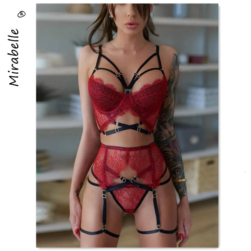 

MIRABELLE Goth Lingerie Set Patchwork Women's Underwear Bra Brief Sets with Garter 3 Piece Erotic Costumes Red Lace Exotic Sets