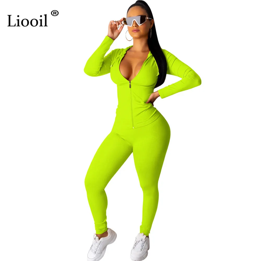 Liooil неоновая зеленая Оранжевая женская одежда из двух частей спортивный костюм осень с длинным рукавом с капюшоном на молнии Толстовка Спортивные штаны комплект