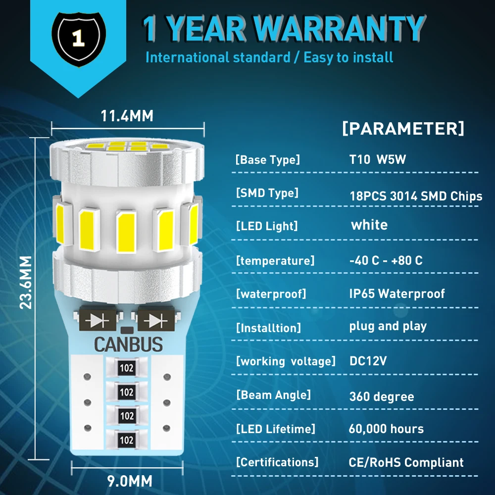 Светодиодная лампа T10 W5W для габаритных огсветильник автомобилей Volkswagen VW Polo Passat b5