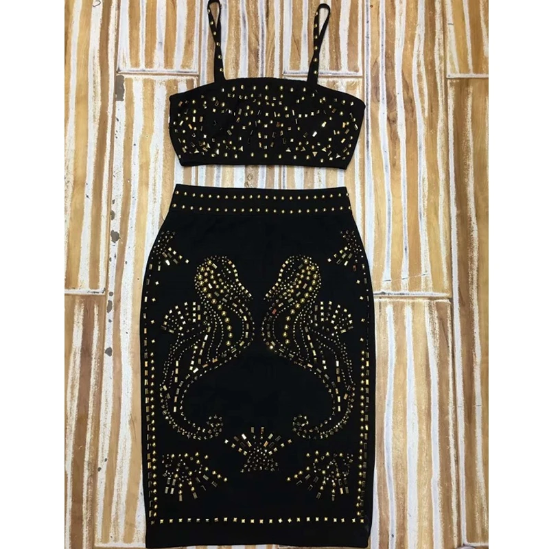 

Fashion 2019 Black White Beading 2 piece set Good Quality Women Clothing Sexy Night Clubwear Jumpsuit Wholesale Party Outfits