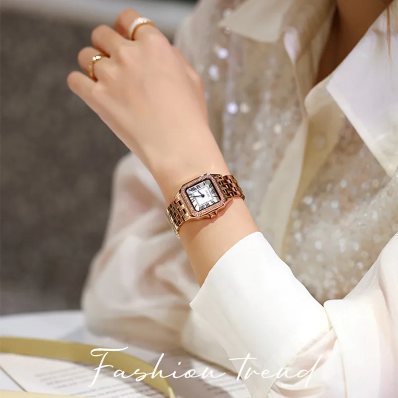 

Neutral Square Wrist watch for Women Vintage Roman Numbers Watches Bling Crystals Dress Watches Full Steel Leather Bands Clocks