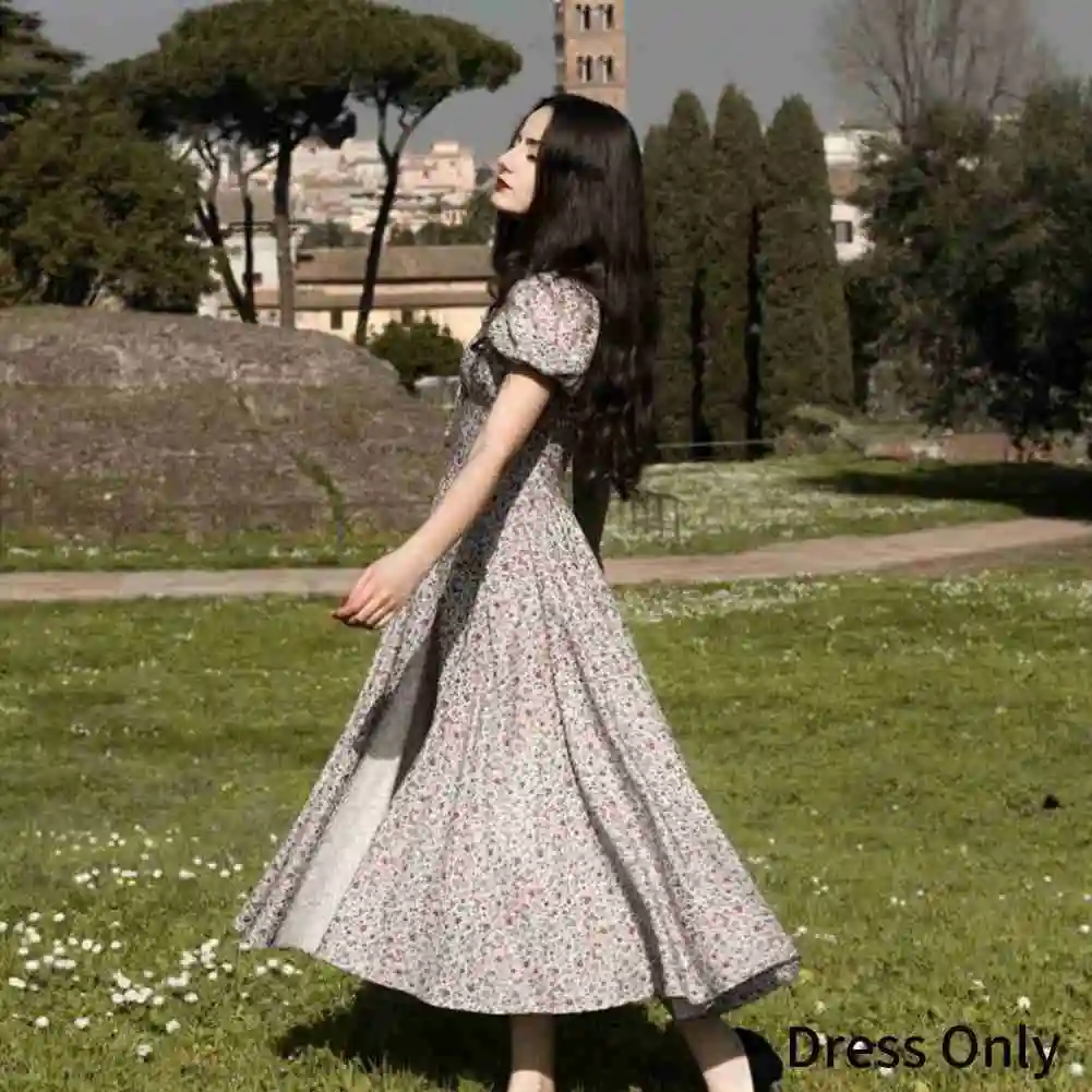 

Elegant French Puff Sleeve Flroal Printed High Split Long Dress Women Sexy Square Collar Vestidos Sundress Party Wear