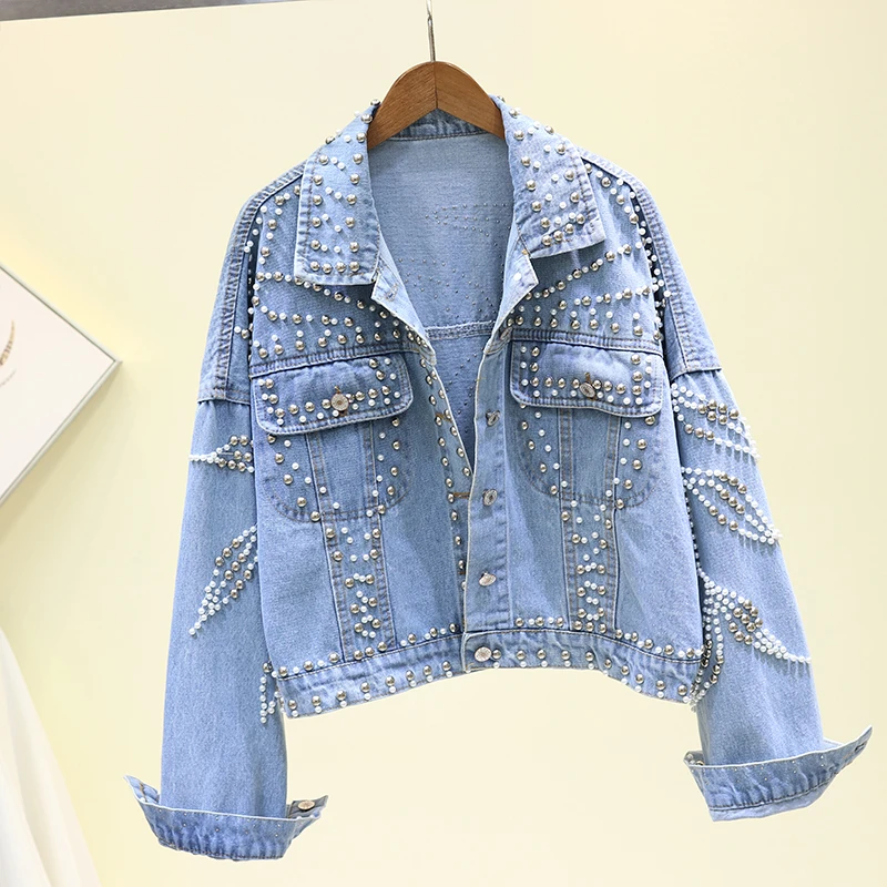 2020 женские джинсовые пальто тяжелый платья с бусами ручной работы заклепками