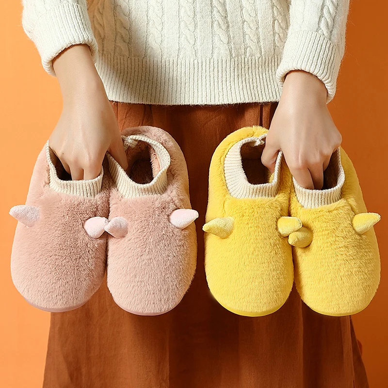 

Cute Cartoons Deer Women Winter Warm Fur Slippers Non-slip Soft Solid Color Home Slippers Indoor Bedroom Couples Furry Shoes