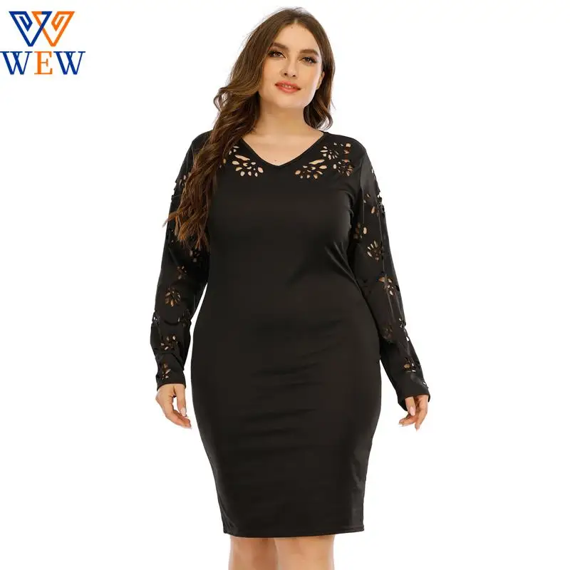 

2021 Fashion Women Hollow Out V Neck Long Sleeve Casual Midi vestidos Plus Size Solid Black Ladies Slim Bodycon Pencil Dresses