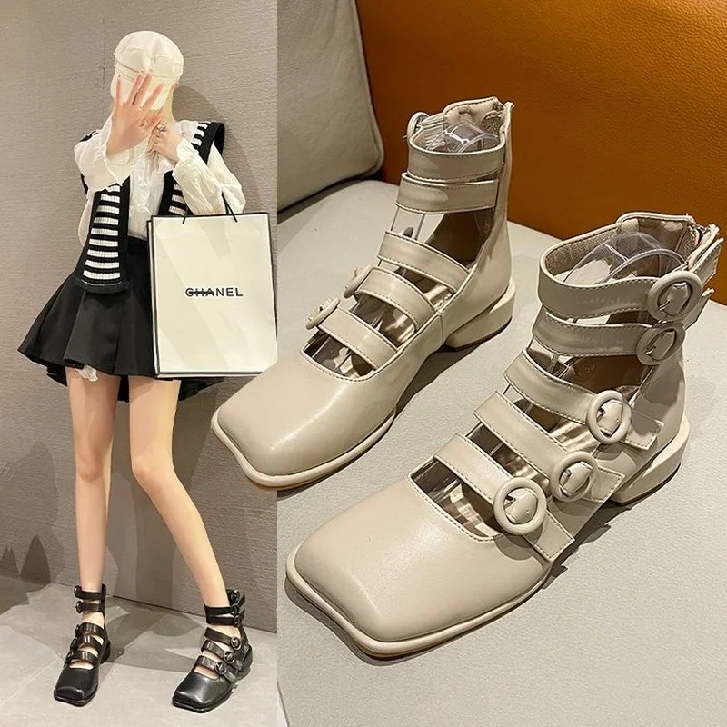 

Summer 2022 Women's Retro French Buckle Sandals Low Heel Square Toe Fashion Women's Shoes Flat Beach Sandals Women Casual