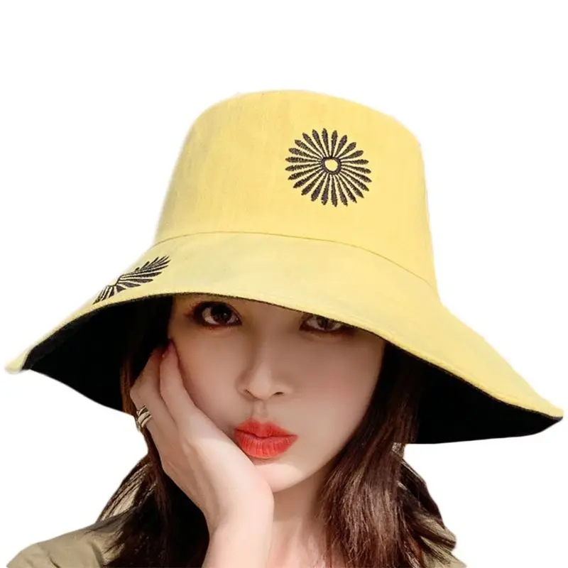 

Womens Summer Beach Sun Hat Reversible Daisy Embroidered Wide Brim Bucket Hat