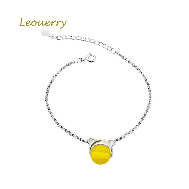 Leouerry Crystal Cat Ear Chain Bracelet Charm Amethyst Stone Bracele for Women Girl 925 Sterling Silver Jewelry | Украшения и