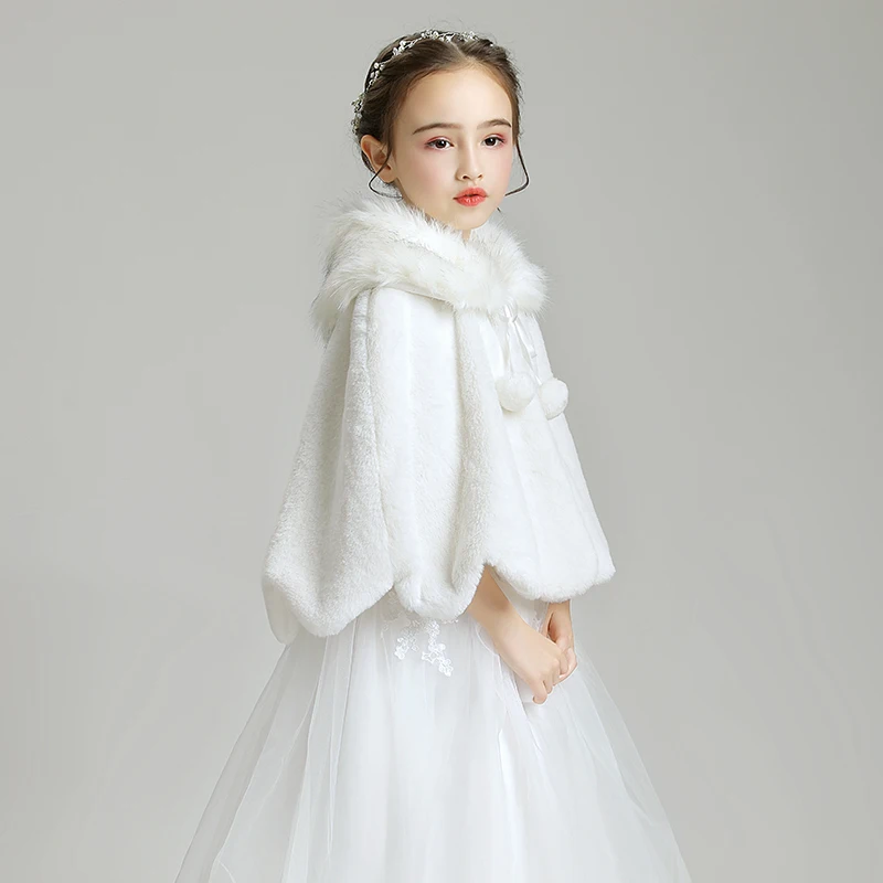 White Flower Girls Shrugs Bolero Cape For Prom Party Dress Faux Fur Wrap Shawl Jacket Stole Kids Outwear Coat Cloak | Свадьбы и