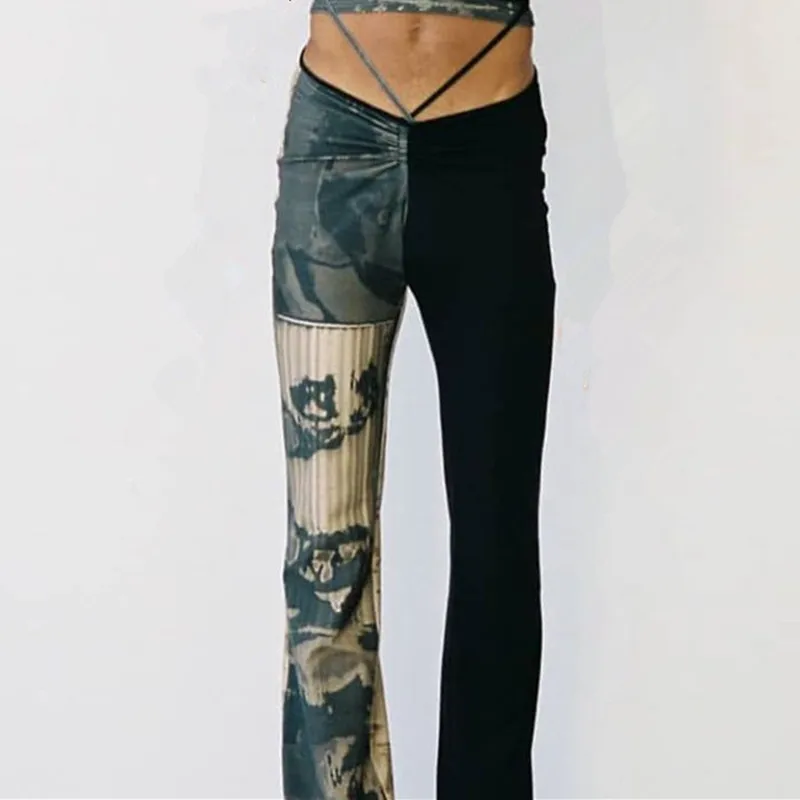 

Pants Punk Sexy Gothic Y2k Women's Waist Tether Suckling Tie Dye Printing Contrast Color Stitching Trousers Street Wear Woman