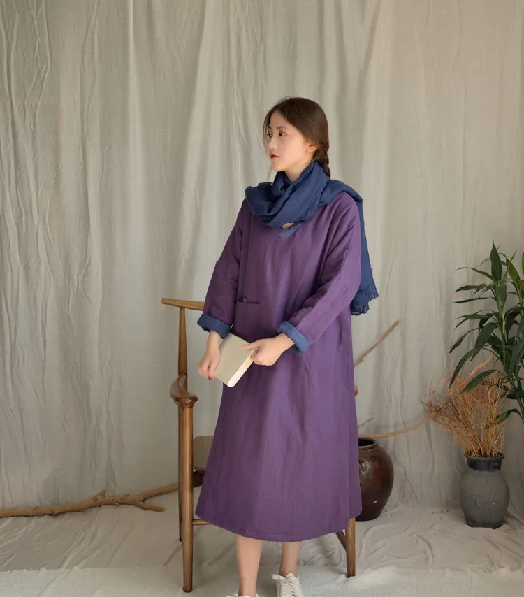 SCUWLINEN/ Женское зимнее платье, однотонное, с v-образным вырезом, в стиле пэчворк, в стиле ретро, плотное, теплое, свободное, с хлопковой подкладкой, длинное платье дзен, S1004