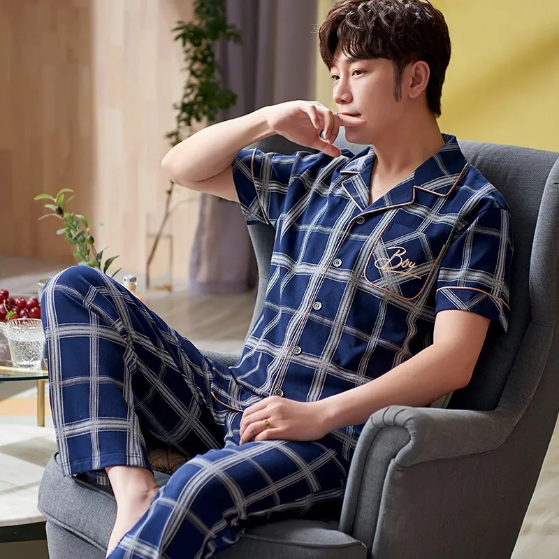 (Tops + Pants) Men's Pure Cotton Short Sleeve Pajamas Suit Casual Fashion Printed Loose Thin Lapel Cardigan Home Service 2021