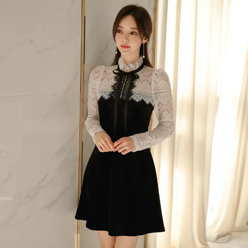 

Женские кружевные платья с бантом и вырезами, весеннее элегантное платье трапециевидной формы со стоячим воротником, повседневная одежда д...