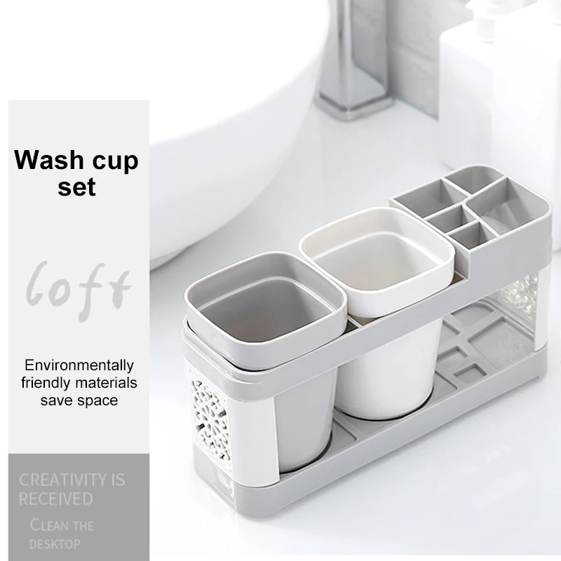 Toothbrush Holder Rack Stand Shelf Set Toothpaste Storage with 2 Mugs Bathroom |