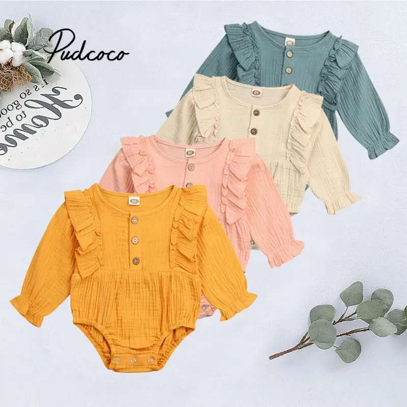 Ropa para beb&eacute; reci&eacute;n nacido, traje de lino y algod&oacute;n, mono s&oacute;lido de manga larga, primavera y oto&ntilde;o-1