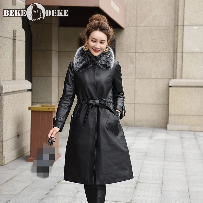 Женское длинное пальто из овечьей кожи повседневное облегающее с карманами и