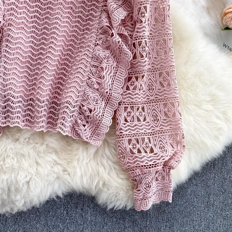 

Autumn Vintage Blue/Red/White Hollow Out Lace Blouse Women Sexy See-Through Loose Pullover Tops Elegant Long Sleeve Shirts New
