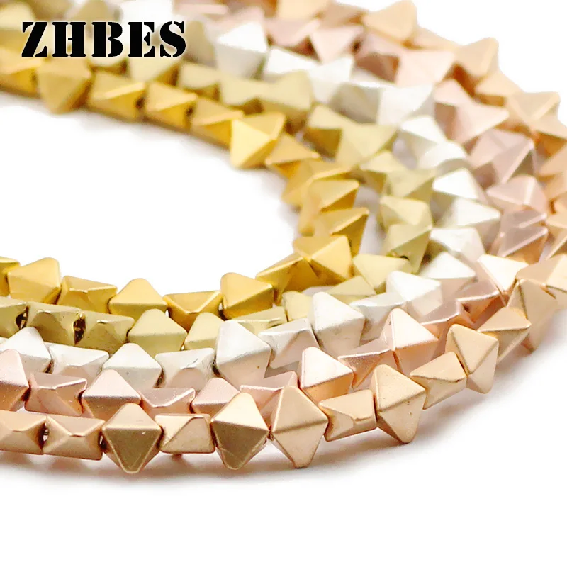 

ZHBES Rose Gold Silvers Rhombus Cone Hematite Natural Matte Stone Spacers Loose Beads For DIY Jewelry Making Bracelet Findings