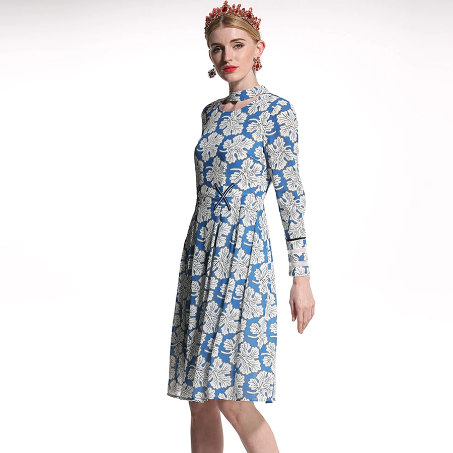 

Dresses Runway Female Work 2021 Women Spring Embroidery Fashion Full Sleeve Leaf Print Knee Length Blue Elegant Dress