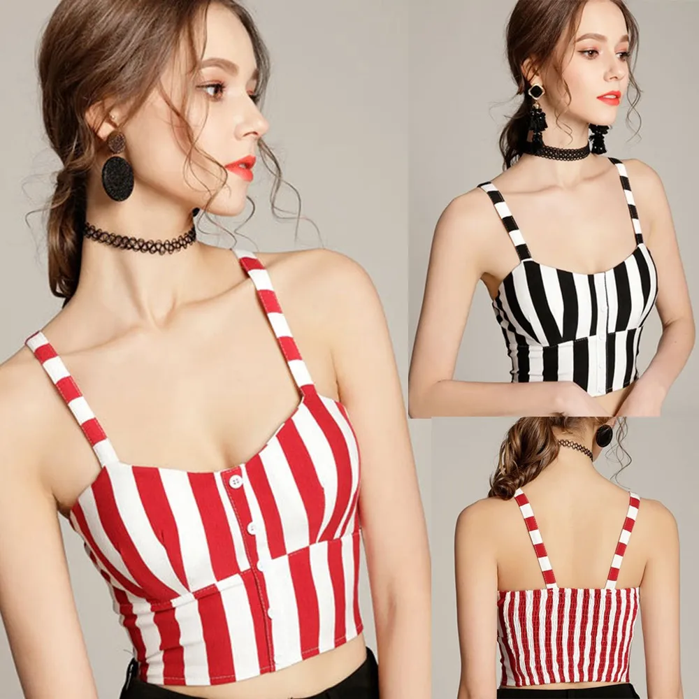 

Women Stripe Crop Top Sleeveless Spaghetti Strap Sling Camisole Tank Tops 2021 Summer Sexy Low Chest Button Back Elastic