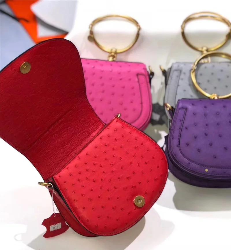 Authentic Ostrich Skin Women's Mini Gray Color Handbag Bracelet Handle Lady Saddle Purse Genuine Leather Cross Shoulder Bag | Багаж и