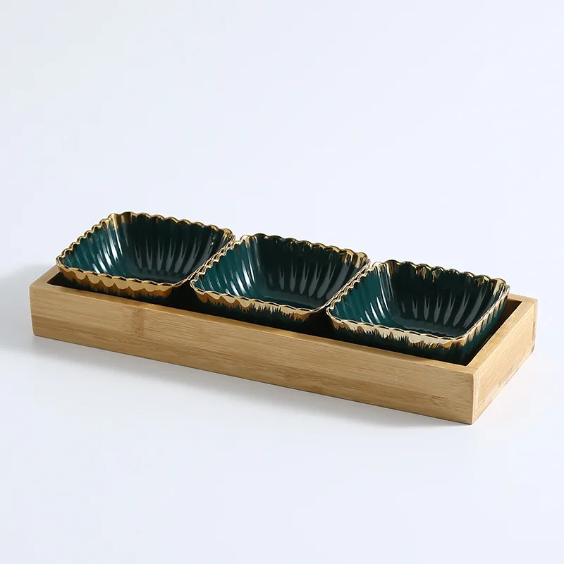 3 dish set Зеленое золото обода керамическая тарелка фруктов креативные кружки из фарфора закуски десерт тарелка Натуральный Бамбуковый сервировочный поднос держатель посуда - Цвет: 3 dish set