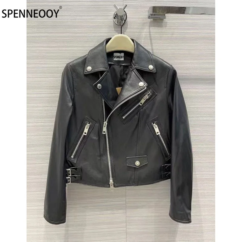 

SPENNEOOY Designer High-End Sheepskin Black Jackets Coat Women Fashion Moto Biker Style Genuine Leather Outwear