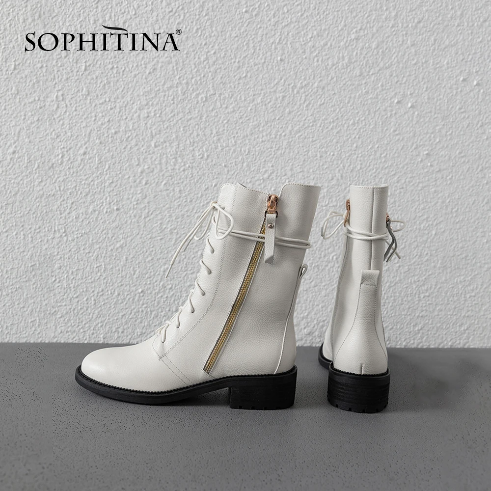SOPHITINA/однотонные ботинки на шнуровке; удобная обувь ручной работы с круглым носком на молнии и квадратном каблуке; Новинка; короткие плюшевые модные ботильоны; MO307